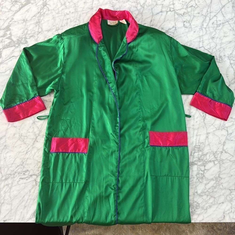 Victoria's Gold Label Vintage Secret Satin Green/Pink Kimono Style Robe Sz Small - Picture 7 of 9